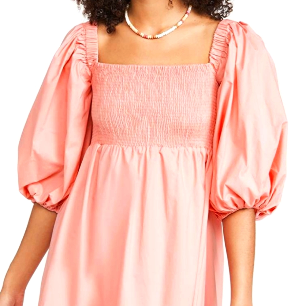 NWT SOKIE COLLECTIVE Puff Sleeve Light Pink Smoked Midi Pleated Dress size M
